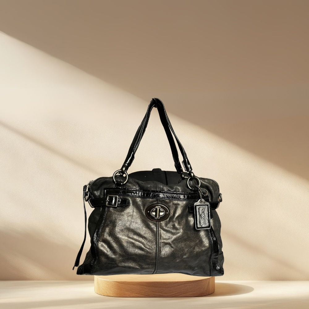 Coach Flagship Leather Ella Metallic Gray Black Satchel #16407